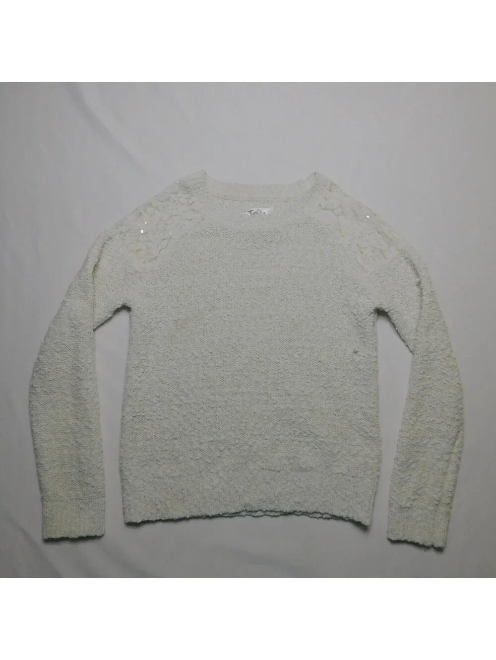 Justice Girls Size 10 White Sweater Lace Sequin Shoulder Accents Knit Pullover